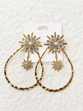 Gold Starburst Statement Hoop Earrings Rhinestone Drop Pearl Center